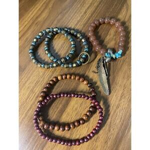 Set/5 Mixed Semi Precious Stone/Wood Beaded Stretch Bracelet with Charms Tassel